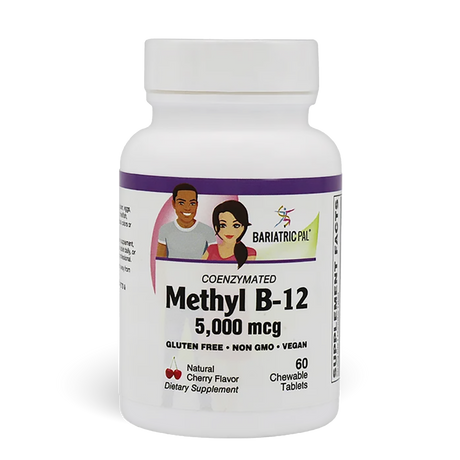Bottle of BariatricPal's Coenzymated 5,000mcg Methyl B-12 (60) Chewable Tablets, 5,000 mcg, 