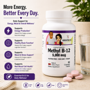 A bottle of BariatricPal Methyl B-12 5,000 mcg chewable dietary supplement tablets, shown alongside a glass of water, and a decorative background with informational text and icons 