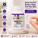 A bottle of BariatricPal Coenzyme Methyl B-12 5,000 mcg dietary supplement is shown on a white marble pedestal, with a hand holding a pink capsule. The image features promotional text, icons for benefits like energy production and brain health, and a bottom banner highlighting product features.