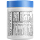 A white supplement jar with a blue lid displays detailed nutritional information and ingredient percentages on its label, indicating its contents and serving size for consumers.