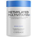 A white container with a blue lid labeled "Methylated Multivitamin+" contains 90 vegetable capsules, highlighting its methylated B-vitamin complex and elite nutrient formula.