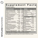 Supplement facts label detailing the ingredients and nutritional values of a methylated multivitamin, including vitamins, minerals, and other compounds per serving of three capsules.