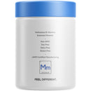 A white container with a blue lid displays information about methylated B vitamins and essential minerals, highlighting that it is non-GMO, soy-free, dairy-free, and gluten-free.