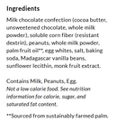 A list of ingredients for a milk chocolate confection, including cocoa butter, peanuts, and egg whites, with notes on allergens and nutritional information.