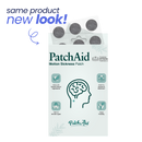 A box of PatchAid Motion Sickness Patches displays a new design featuring icons for natural ingredients, skin safety, and relief from nausea, with a pack of patches visible at the top.