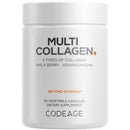 A white container labeled "MULTI COLLAGEN" with details about its contents, including 5 types of collagen, amla berry, and ashwagandha, indicates it holds 90 vegetable capsules for dietary supplementation.