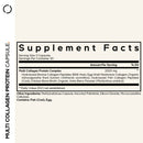A supplement facts label lists ingredients and nutritional information for a multi-collagen protein capsule, highlighting serving size, amounts per serving, and additional components.