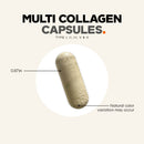 A close-up of a beige multi-collagen capsule, measuring 0.87 inches, displayed on a light background with text indicating natural color variation may occur.