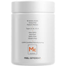 A white container labeled with nutritional information, including 18 amino acids, grass-fed, pasture-raised, and various certifications, promoting a health-focused product.