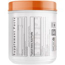 A white container with an orange lid displays nutritional information and a typical amino acid profile, indicating it is a dietary supplement.