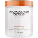 A white container with an orange lid labeled "Multi Collagen Peptides" contains dietary supplement powder, highlighting five types of collagen and 18 amino acids.