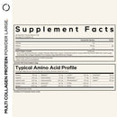 A nutritional supplement facts label displays serving size, calories, sodium, protein content, and details about the multi-collagen complex and amino acid profile for a multi-collagen protein powder.