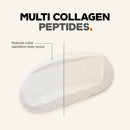 A textured scoop of multi collagen peptides powder is displayed against a light background, with a note indicating that natural color variation may occur.