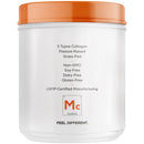 A white container with an orange lid displays information about a collagen supplement, highlighting features like "5 Types Collagen," "Non-GMO," and "Gluten-Free," with a logo and the phrase "FEEL DIFFERENT."