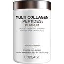 A white container labeled "Multi Collagen Peptides Platinum" features ingredients like biotin and keratin, indicating it's an unflavored dietary supplement from Codeage, weighing 11.50 oz.