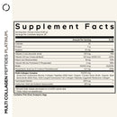A detailed supplement facts label lists nutritional information for a multi-collagen peptide product, including calories, protein, vitamins, and ingredients like hydrolyzed collagen and hyaluronic acid.