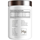 A white container labeled "Typical Amino Acid Profile" displays detailed nutritional information, including amino acid amounts and additional ingredients like vitamins and collagen types, emphasizing health benefits.