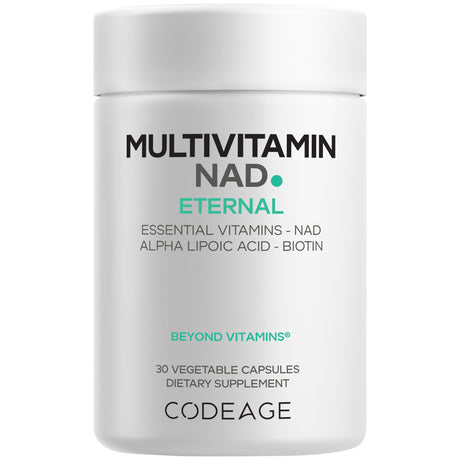 A white container labeled "Multivitamin NAD Eternal" contains 30 vegetable capsules, highlighting essential vitamins, alpha lipoic acid, and biotin, indicating it's a dietary supplement.