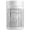A white supplement bottle displays the nutrition facts label, detailing ingredients and their amounts per capsule, emphasizing vitamins and minerals for dietary support.