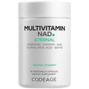 A white container labeled "Multivitamin NAD Eternal" contains 30 vegetable capsules, highlighting essential vitamins, alpha lipoic acid, and biotin, indicating it's a dietary supplement.