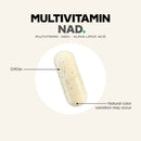 A close-up of a yellowish multivitamin capsule, measuring 0.90 inches, displayed on a light background with text noting natural color variation and product details for NAD+ and alpha lipoic acid.