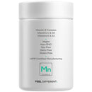 A white container labeled with "Vitamin B Complex" and other vitamins, featuring details like "Vegan," "Non-GMO," and "Gluten-Free," with a minimalist design and a tagline "FEEL DIFFERENT."