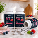 Two bottles of BariatricPal Multivitamin One dietary supplements on a marble countertop with fresh berries, with one bottle lying open showing gray tablets spilling out.