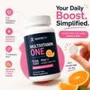 A hand holds a chewable vitamin tablet next to a bottle labeled "Multivitamin One" with an orange slice, highlighting its benefits of 22 vitamins, minerals, and support for energy and immunity.