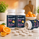 Two bottles of Bariatric Pal Multivitamin One sit on a kitchen counter next to fresh oranges, with several chewable tablets spilled out, highlighting the citrus flavor and dietary benefits.