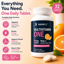BariatricPal Multivitamin One chewable tablets in a white bottle with a dark navy and pink label, shown alongside a hand holding a single tablet, orange slices, and marketing text on a light background.