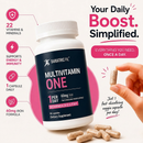 A white bottle of BariatricPal Multivitamin One dietary supplement with a dark navy label, shown alongside a hand holding one of the beige veggie capsules and several loose capsules on a light beige background. The image features promotional text and callouts highlighting key benefits like 22 vitamins and minerals, energy and immunity support, and 60mg iron.