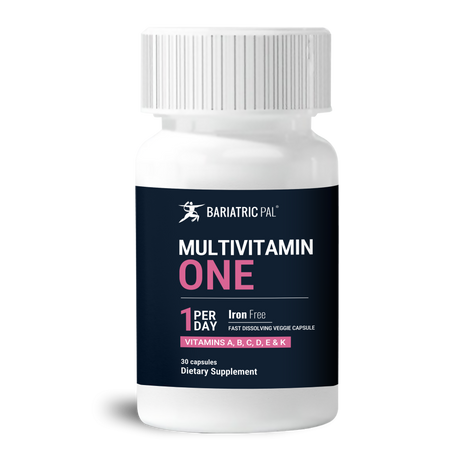 BariatricPal Multivitamin ONE Iron-Free with 30 fast-dissolving veggie capsules. Take one capsule per day.