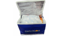 Open blue Netrition insulated cooler bag filled with packaged food items.