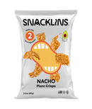 A bag of Snacklins Nacho Plant Crisps features a playful design with a cartoon mouth and crispy snacks, highlighting that it is made with two real vegetables and contains avocado oil.