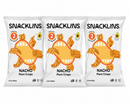 Three bags of Snacklins Nacho Plant Crisps feature a playful design with a smiling mouth and crispy snacks, highlighting their ingredient of real vegetables and avocado oil.
