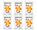 Six bags of Snacklins Nacho Plant Crisps are arranged in two rows, featuring a playful design with a smiling mouth graphic and avocado icon, emphasizing their plant-based ingredients.
