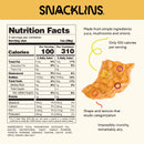 Nutrition facts for Snacklins, featuring a crunchy snack made from yuca, mushrooms, and onions, highlighting its low calorie count and unique texture in a colorful, informative layout.