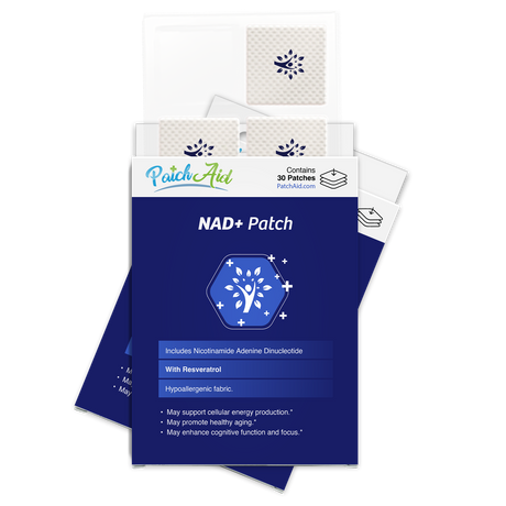 A package of NAD+ patches from PatchAid, featuring a blue design with a leaf logo, highlights benefits like cellular energy support and cognitive function enhancement, containing 30 patches.