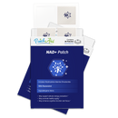 A package of NAD+ patches from PatchAid, featuring a blue design with a leaf logo, highlights benefits like cellular energy support and cognitive function enhancement, containing 30 patches.