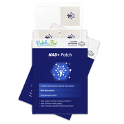 A package of NAD+ patches from PatchAid, featuring a blue design with a leaf logo, highlights benefits like cellular energy support and cognitive function enhancement, containing 30 patches.