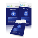 Three boxes of NAD+ patches from PatchAid are displayed, each featuring a blue background, a hexagonal graphic, and text highlighting benefits like energy support and cognitive function enhancement.