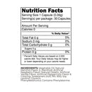 Nutrition facts label for dietary capsules, detailing serving size, calories, fat, sodium, carbohydrates, protein, and ingredients, emphasizing zero calories and various flavorings.