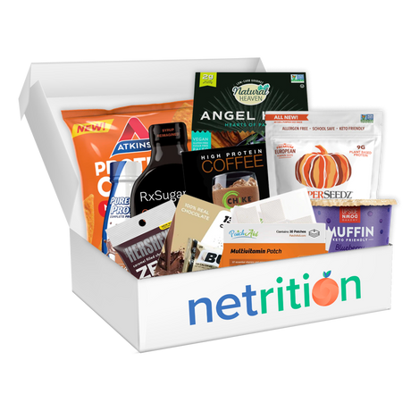 A white box labeled "netrition" contains various health products, including protein snacks, coffee, and vitamin patches, showcasing a variety of nutritious options for consumers.