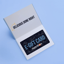 A folded card with the text "DELICIOUS DONE RIGHT" on the inside cover displays an e-gift card for "netrition" against a light blue background.