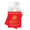 A colorful package of "Night Out Recovery Patches" from PatchAid, featuring a red design with health-related icons and text highlighting benefits and ingredients, displayed alongside several patches.