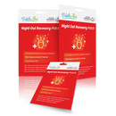 Three packages of "Night Out Recovery Patch" by PatchAid are displayed against a white background, featuring a red design with health symbols and text highlighting benefits like vitamins and detoxification support.