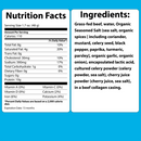 Nutrition facts and ingredient list for a beef product, detailing serving size, calories, fat, protein, and various organic spices, presented on a blue background with clear, bold text.