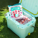 A light blue cooler filled with ice contains colorful organic freezer pops from Goodpop, with a package featuring flavors like Cherry Limeade, Fruit Punch, and Concord Grape, set on green grass.