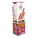 A box of OSTRIM teriyaki-flavored meat sticks, featuring bold text highlighting high protein content and a logo for the Tunnel to Towers Foundation, set against a white background with red and blue accents.