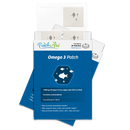 A box of Omega 3 patches is displayed, featuring a blue design with fish graphics, highlighting benefits like antioxidant support and containing 30 patches made from hypoallergenic fabric.